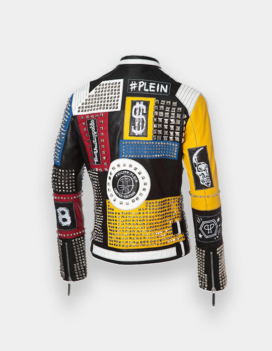 Men's Multicolor Full Studded Embroidery Patches Leather Jacket, Biker-Jacke mit Nieten